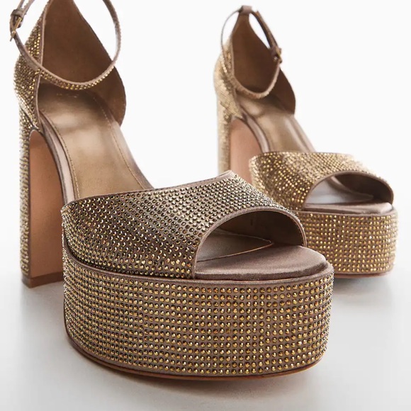 NWOT MANGO Heeled Sandal with ankle strap metallic - Picture 5 of 9